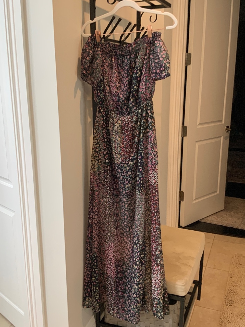 Lulu's Floral Off-Shoulder Maxi Dress in Black and Pink